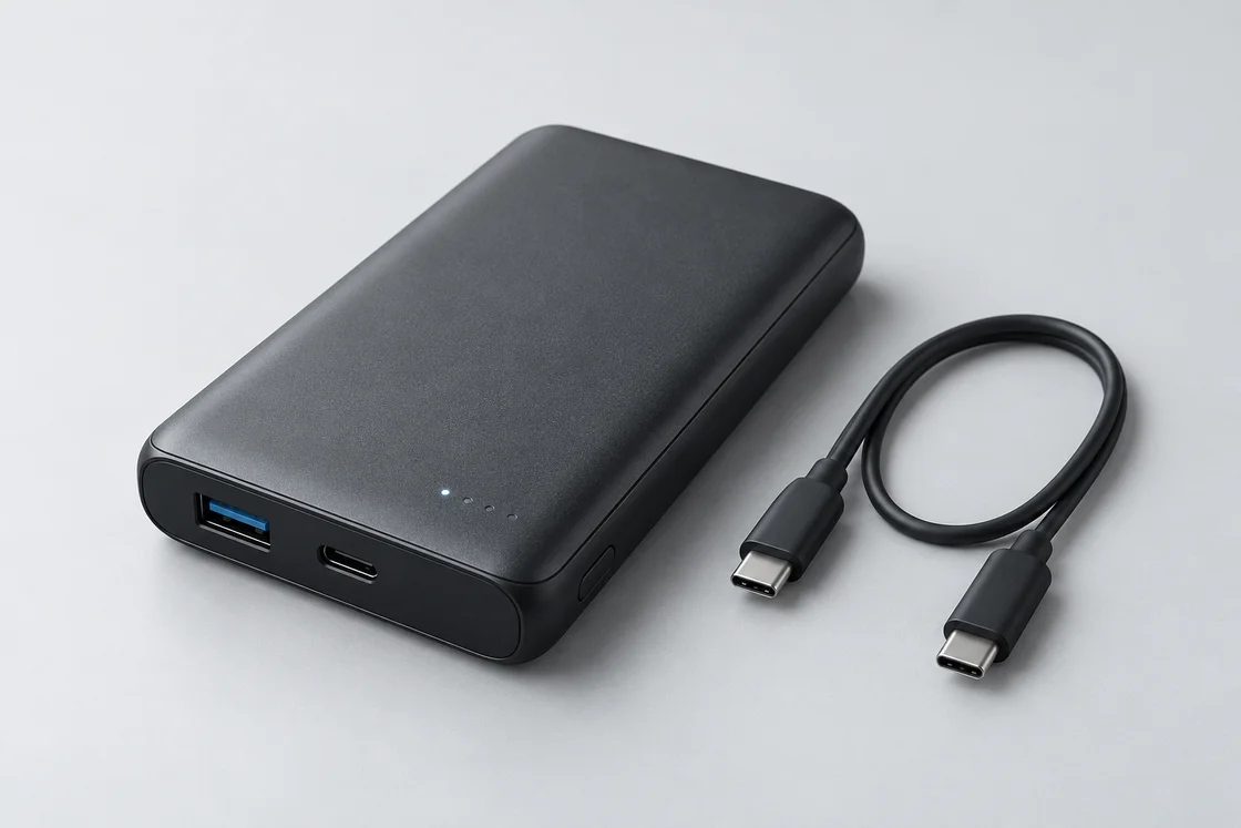 Batería externa compacta con puertos USB y cable USB-C a su lado
