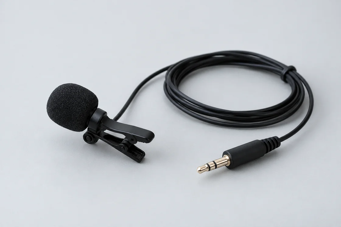 Micrófono de solapa negro con pinza, espuma y cable terminado en conector de 3.5 mm