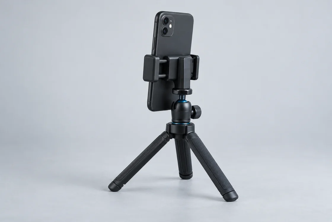 Celular colocado en vertical dentro de una pinza sobre un trípode de tres patas