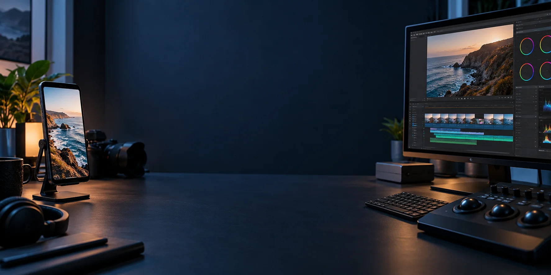 Espacio de edición con un teléfono y un monitor de video, ilustrado con IA