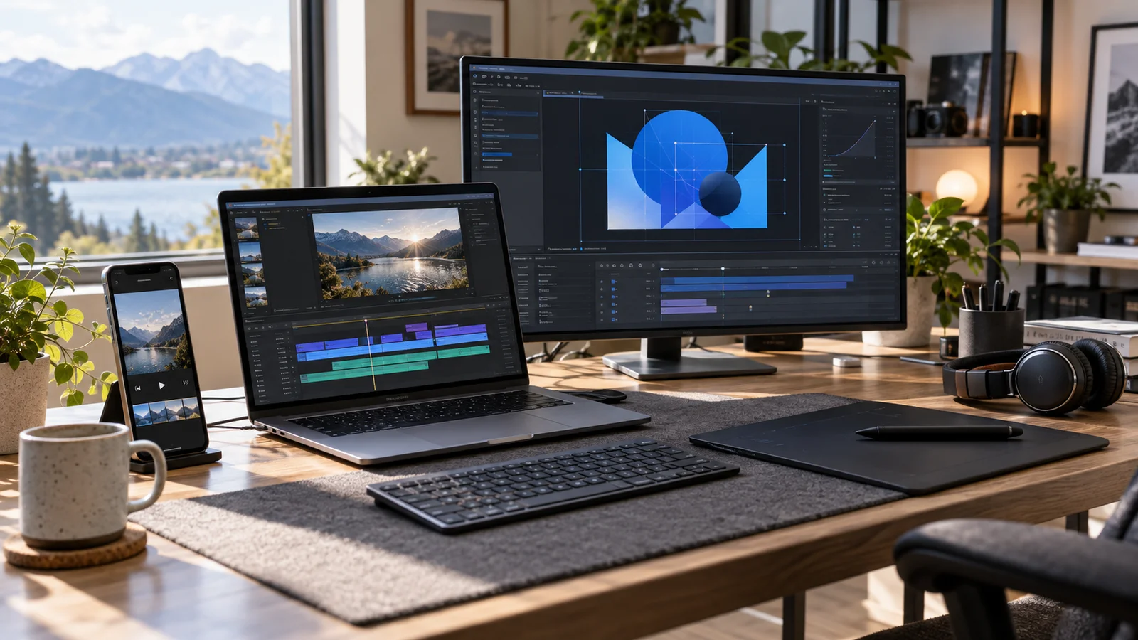 Estudio de edición con teléfono, laptop y monitor que ilustran distintos trabajos de video