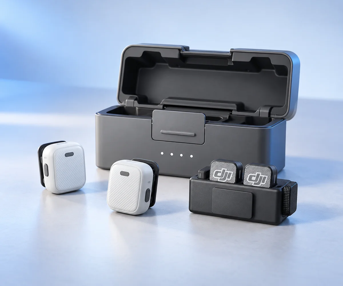 Ilustración aproximada generada con IA de DJI Mic Mini 2; puede diferir del producto y sus accesorios